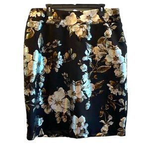 Avenue Metalic Floral Roses Pull On Pencil Skirt Black Gold Silver Women’s 14/16